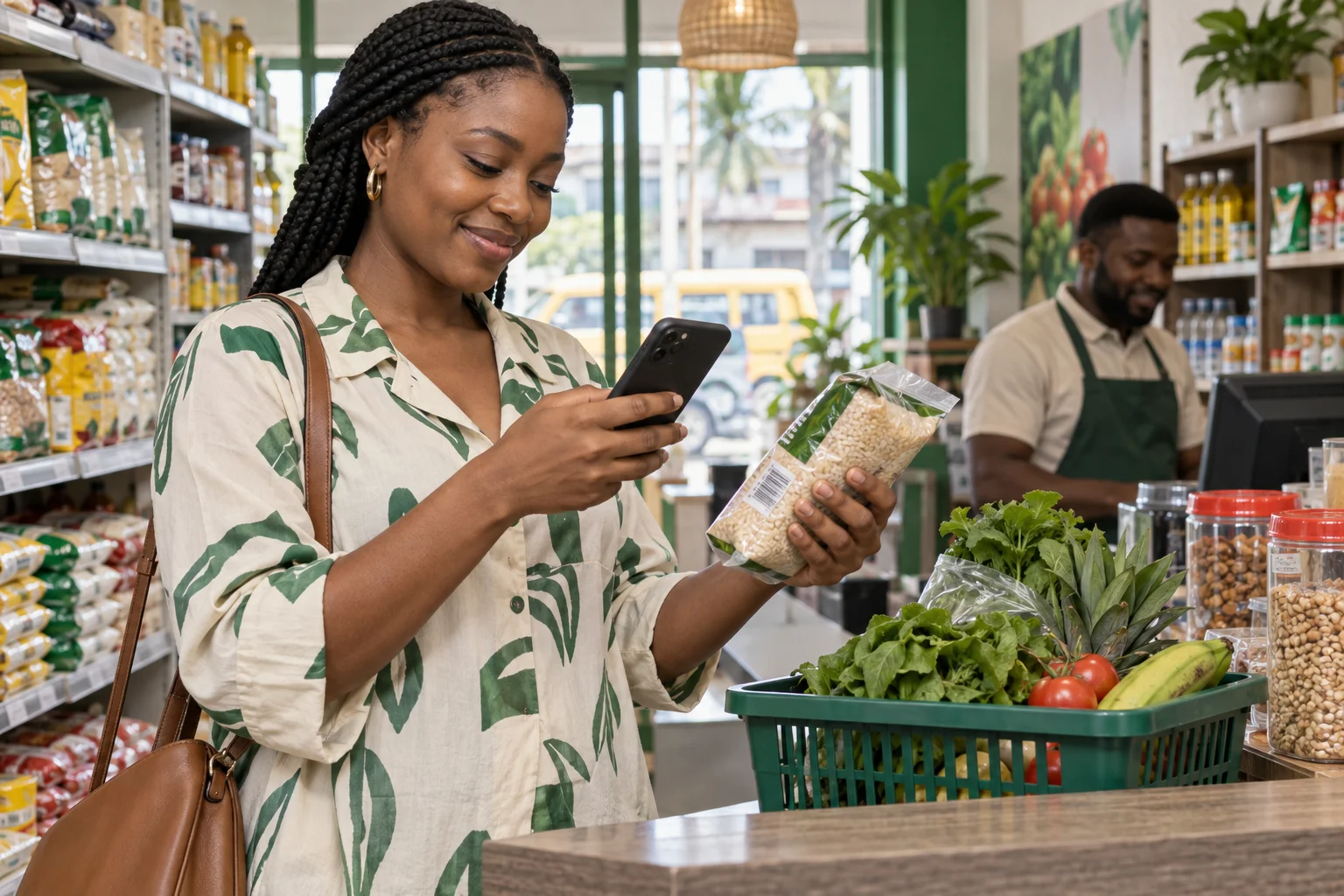 A shopper using her phone to scan a product while shopping for groceries